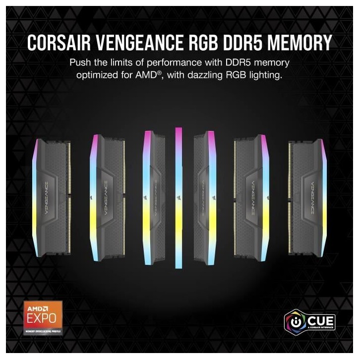 Mémoire RAM - CORSAIR - Vengeance RGB DDR5 RAM 32Go (2x16Go) 6000MHz CL36 AMD Expo Compatible iCUE - Gris (CMH32GX5M2E6000Z36) Mémoire RAM - CORSAIR - Vengeance RGB DDR5 RAM 32Go (2x16Go) 6000MHz CL36 AMD Expo Compatible iCUE - Gris (CMH32GX5M2E6000Z36)