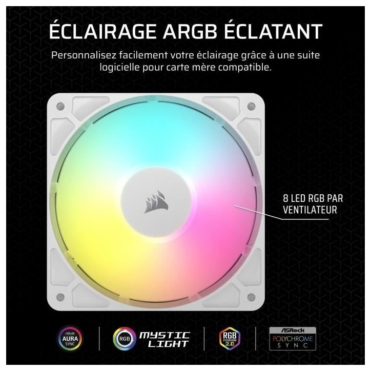 Ventilateur ARGB 120mm - CORSAIR - RS120 - Blanc - Refroidissement performant et effets lumineux ARGB Ventilateur ARGB 120mm - CORSAIR - RS120 - Blanc - Refroidissement performant et effets lumineux ARGB