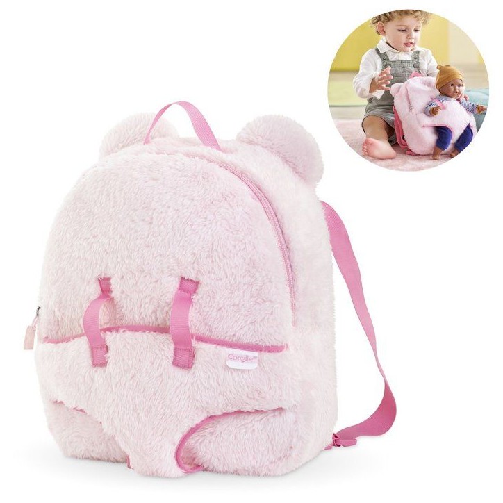 Sac a dos porte-poupon - COROLLE - Peluche rose pour poupon 30 cm - Des 3 ans Sac a dos porte-poupon - COROLLE - Peluche rose pour poupon 30 cm - Des 3 ans