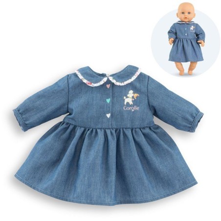 Robe Week-end a Paris - Corolle - 30 cm - Imitation denim - Col claudine - Broderies coeurs