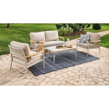 Salon bas de jardin - Proloisirs - Manon - Creme - Set 4 pieces (Canapé + fauteuils + table) - Aluminium époxy - Coussins