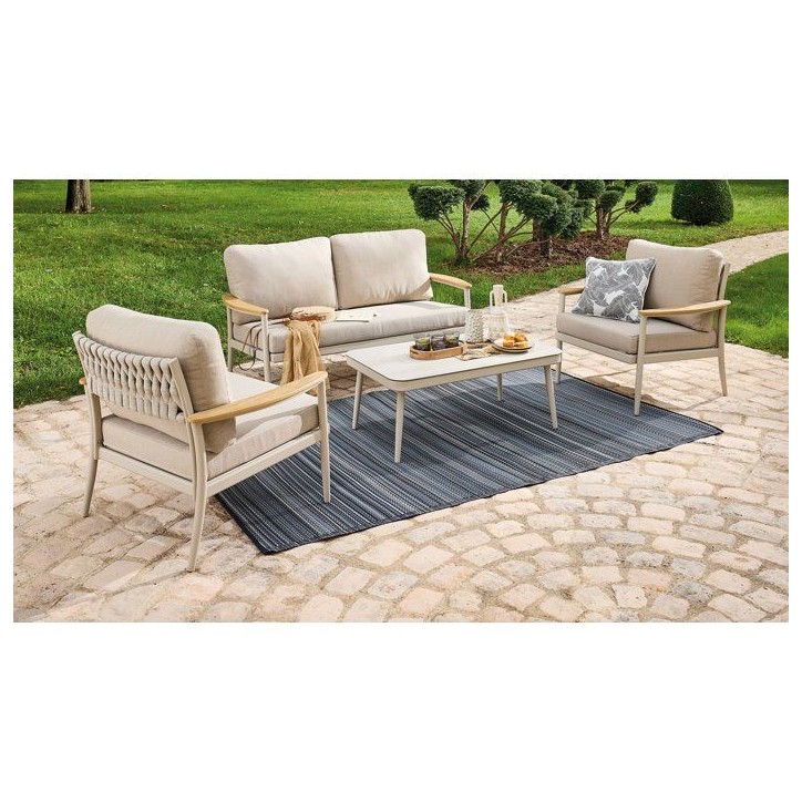 Salon bas de jardin - Proloisirs - Manon - Creme - Set 4 pieces (Canapé + fauteuils + table) - Aluminium époxy - Coussins Salon bas de jardin - Proloisirs - Manon - Creme - Set 4 pieces (Canapé + fauteuils + table) - Aluminium époxy - Coussins
