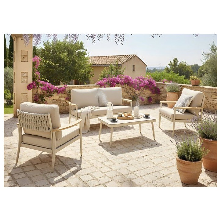 Salon bas de jardin - Proloisirs - Manon - Creme - Set 4 pieces (Canapé + fauteuils + table) - Aluminium époxy - Coussins Salon bas de jardin - Proloisirs - Manon - Creme - Set 4 pieces (Canapé + fauteuils + table) - Aluminium époxy - Coussins
