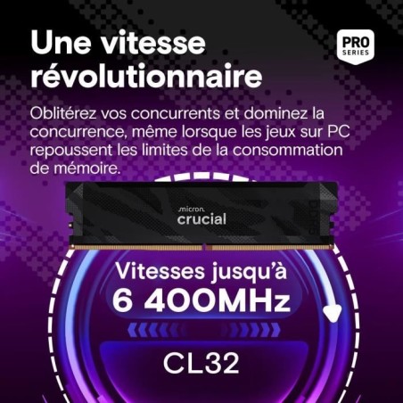 Kit mémoire gamer - CRUCIAL Pro OC - CP2K16G64C32U5B - 32 Go (2x 16 Go) DDR5-6400 UDIMM - CL32 avec dissipateur thermique - No