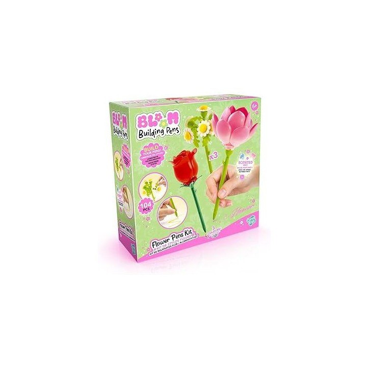 Stylo Fleur a Construire – Pack de 3 – Rose, Lotus et Marguerite - Encre pailletée et parfumée – BLM 002- Canal Toys - B