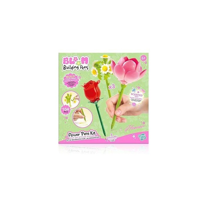 Stylo Fleur a Construire – Pack de 3 – Rose, Lotus et Marguerite - Encre pailletée et parfumée – BLM 002- Canal Toys - B