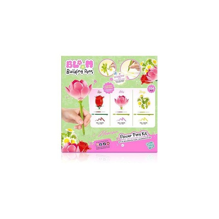 Stylo Fleur a Construire – Pack de 3 – Rose, Lotus et Marguerite - Encre pailletée et parfumée – BLM 002- Canal Toys - B