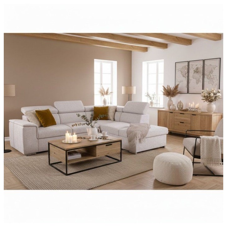 Canapé d'angle convertible réversible - 5 places - DAYTONA - Tissu Beige - Coffre - 260 x 216 x 94 cm