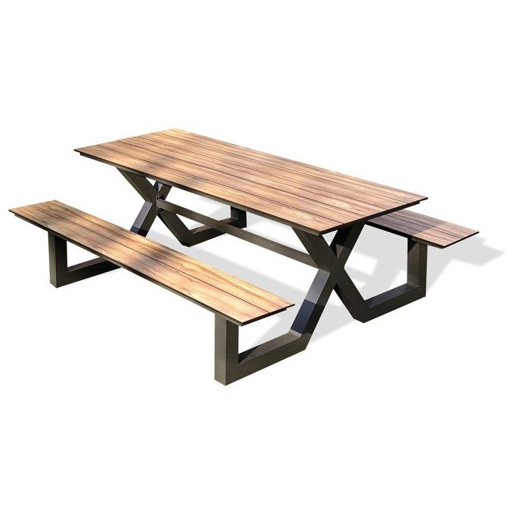 Table de jardin avec bancs - Gris anthracite - Aluminium et HPL effet bois - 210 x 174 cm - Vancouver Table de jardin avec bancs - Gris anthracite - Aluminium et HPL effet bois - 210 x 174 cm - Vancouver