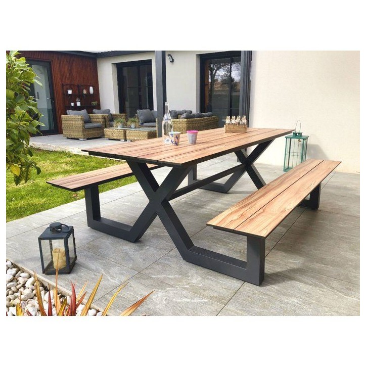 Table de jardin avec bancs - Gris anthracite - Aluminium et HPL effet bois - 210 x 174 cm - Vancouver Table de jardin avec bancs - Gris anthracite - Aluminium et HPL effet bois - 210 x 174 cm - Vancouver