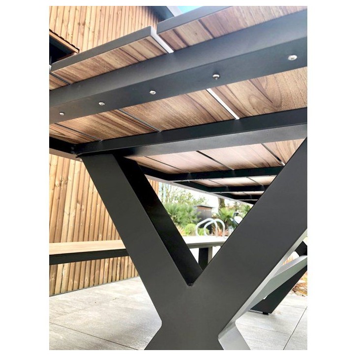 Table de jardin avec bancs - Gris anthracite - Aluminium et HPL effet bois - 210 x 174 cm - Vancouver Table de jardin avec bancs - Gris anthracite - Aluminium et HPL effet bois - 210 x 174 cm - Vancouver