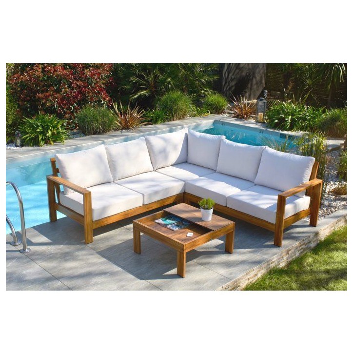 Salon de jardin d'angle - Marron - Aluminium effet bois - 5 places - Majorque