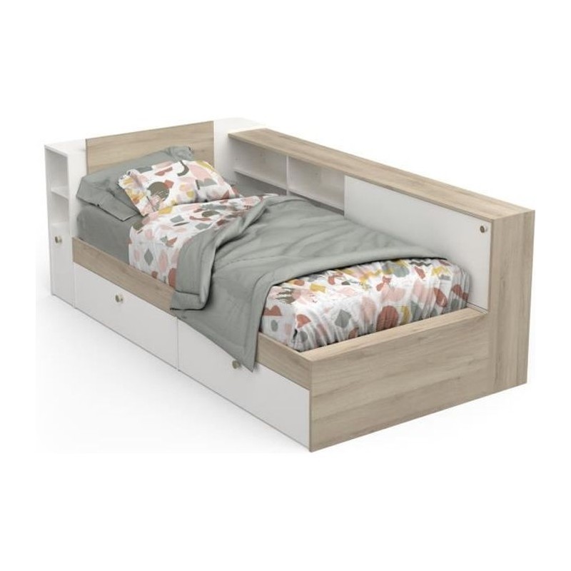 Lit enfant LIFE 1 personne - 90x190/200 - Rangements - Décor Chene et