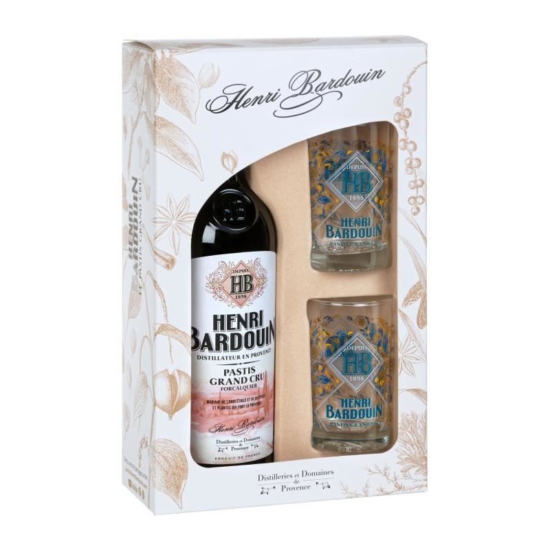 Henri Bardouin Pastis - Apéritif anisé - 45,0% Vol. - 70 cl + 2 verr Henri Bardouin Pastis - Apéritif anisé - 45,0% Vol. - 70 cl + 2 verr