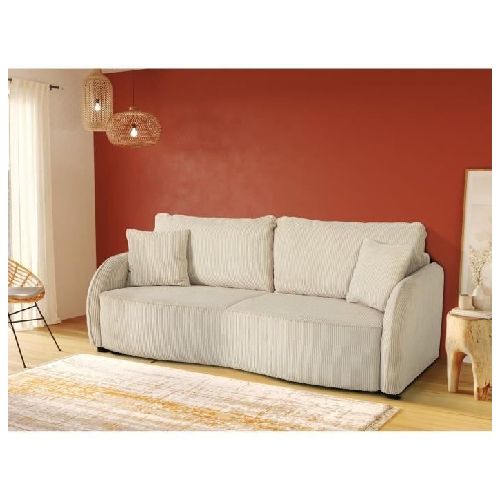 Canapé convertible 3 places - BARI - Velours cotelé - Perle - Coffre de rangement - 215 x 89 x 100 cm Canapé convertible 3 places - BARI - Velours cotelé - Perle - Coffre de rangement - 215 x 89 x 100 cm
