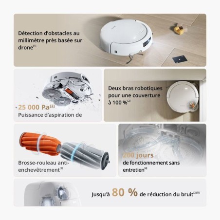 DJI ROMO S - Robot Aspirateur Laveur avec Station - 25 000 Pa - Détection de Niveau Drone - 200 Jours sans Maintenance