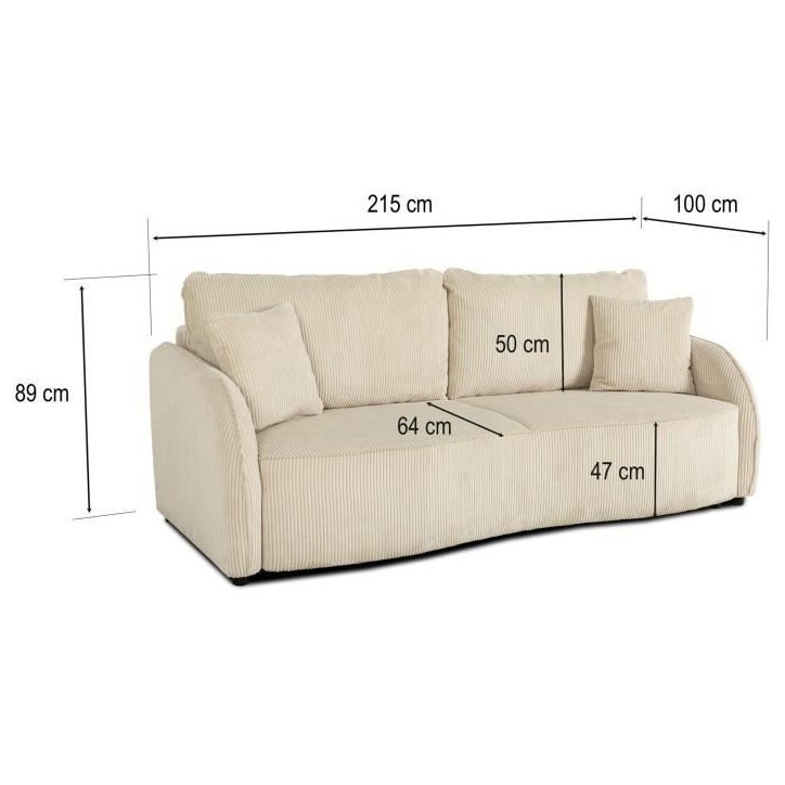 Canapé convertible 3 places - BARI - Velours cotelé - Perle - Coffre de rangement - 215 x 89 x 100 cm Canapé convertible 3 places - BARI - Velours cotelé - Perle - Coffre de rangement - 215 x 89 x 100 cm