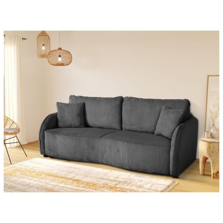 Canapé convertible 3 places - BARI - Velours cotelé - Anthracite - Coffre de rangement - 215 x 89 x 100 cm