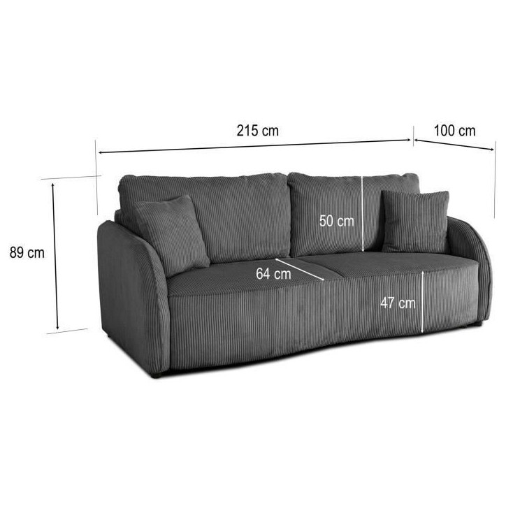 Canapé convertible 3 places - BARI - Velours cotelé - Anthracite - Coffre de rangement - 215 x 89 x 100 cm