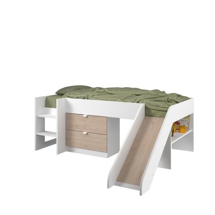 PARISOT SLIDE - Lit toboggan enfant - Décor Blanc et Chene Jackson - Sommier inclus - 90 x 200 cm