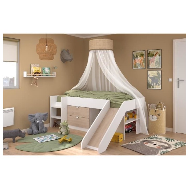 PARISOT SLIDE - Lit toboggan enfant - Décor Blanc et Chene Jackson - Sommier inclus - 90 x 200 cm