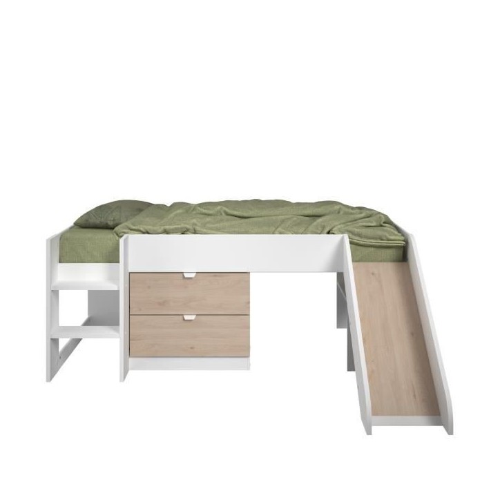 PARISOT SLIDE - Lit toboggan enfant - Décor Blanc et Chene Jackson - Sommier inclus - 90 x 200 cm