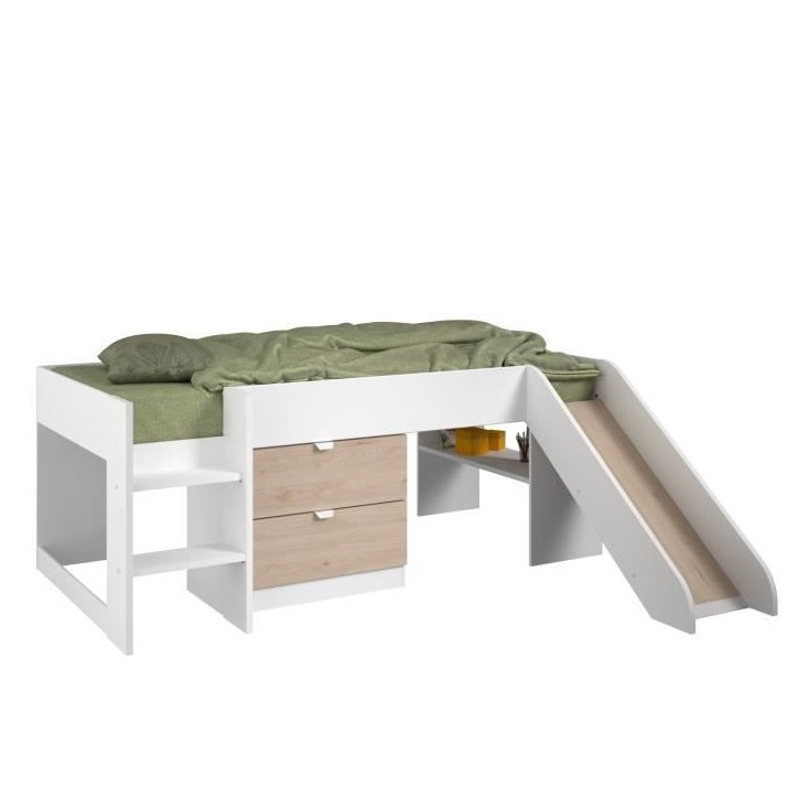 PARISOT SLIDE - Lit toboggan enfant - Décor Blanc et Chene Jackson - Sommier inclus - 90 x 200 cm