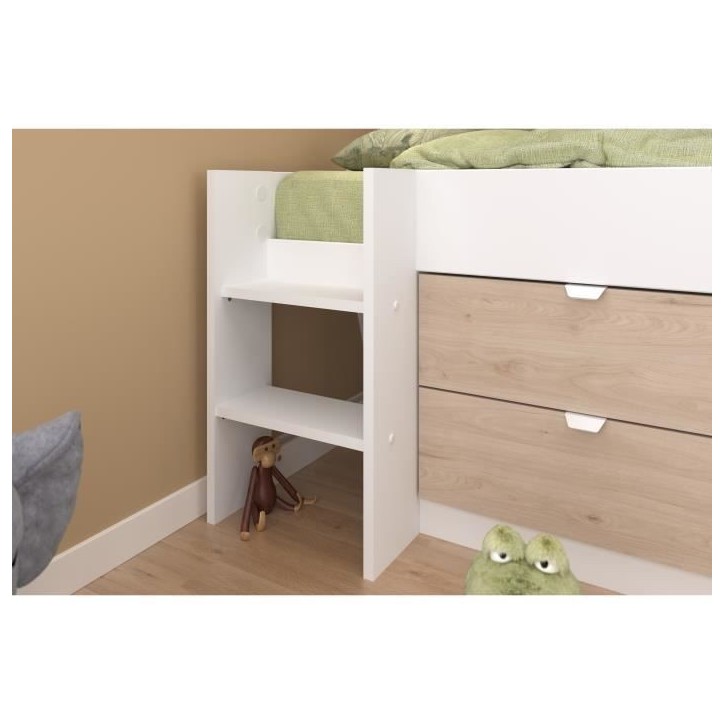 PARISOT SLIDE - Lit toboggan enfant - Décor Blanc et Chene Jackson - Sommier inclus - 90 x 200 cm