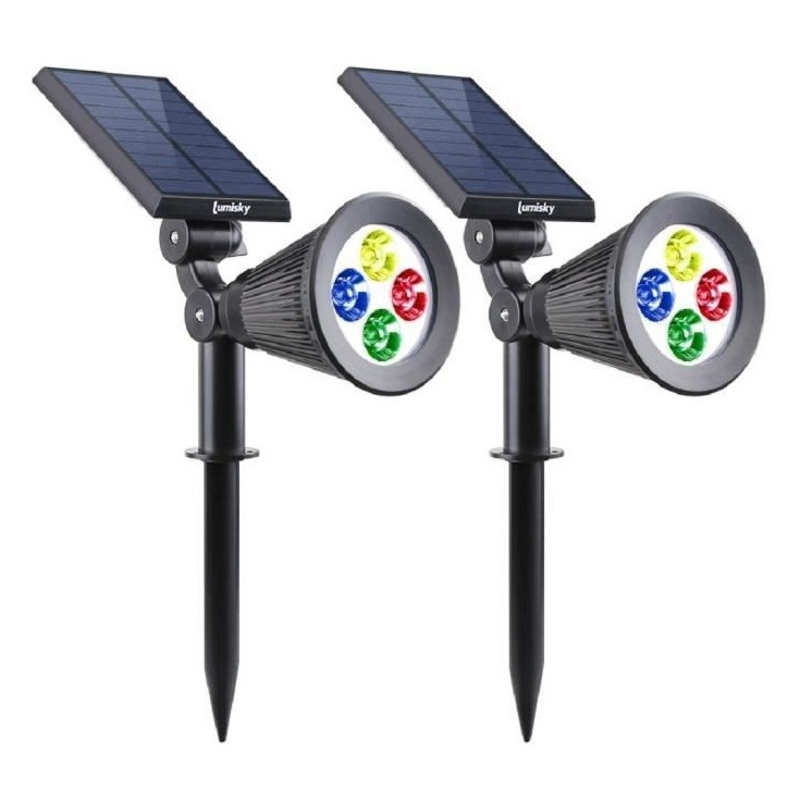 Pack de 2 Spots solaires extérieur étanches - LUMISKY - 4 LEDs colorées RGB - 200 Lumens - Tete pivotante a 90°C