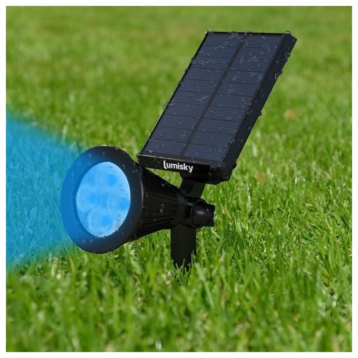 Pack de 2 Spots solaires extérieur étanches - LUMISKY - 4 LEDs colorées RGB - 200 Lumens - Tete pivotante a 90°C