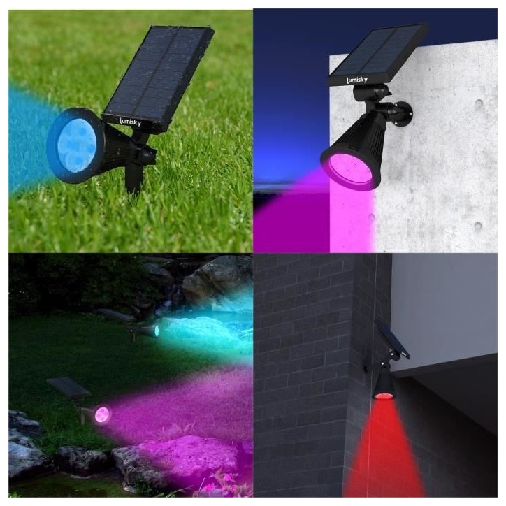 Pack de 2 Spots solaires extérieur étanches - LUMISKY - 4 LEDs colorées RGB - 200 Lumens - Tete pivotante a 90°C