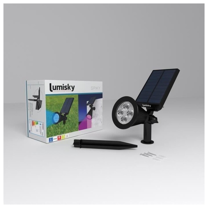 Pack de 2 Spots solaires extérieur étanches - LUMISKY - 4 LEDs colorées RGB - 200 Lumens - Tete pivotante a 90°C