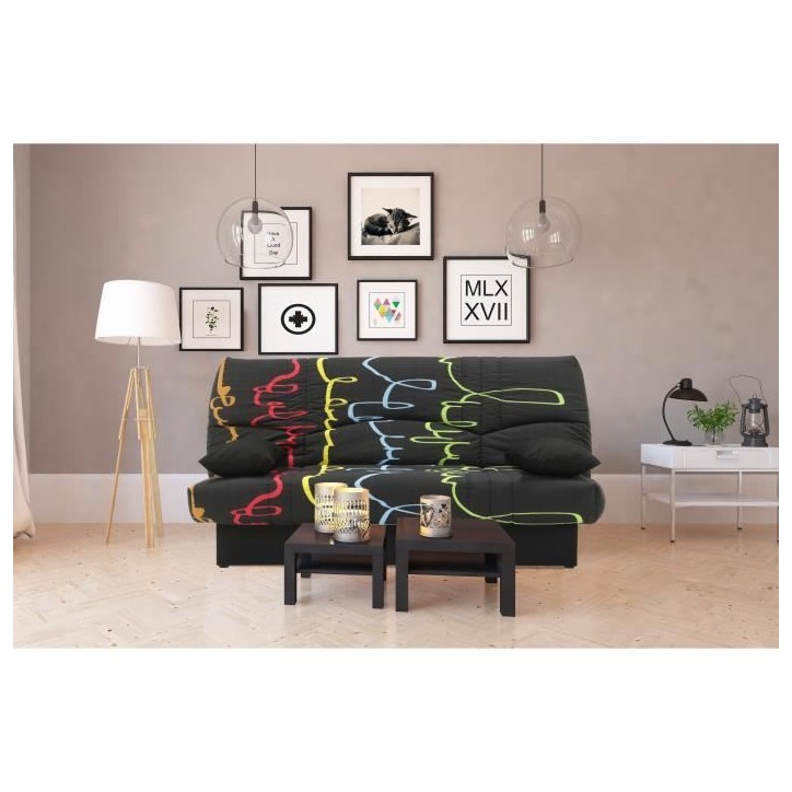 Canapé convertible clic clac 3 places - Tissu motif Graffiti - L 190 x P 92 cm - DREAM - Style Contemporain Canapé convertible clic clac 3 places - Tissu motif Graffiti - L 190 x P 92 cm - DREAM - Style Contemporain