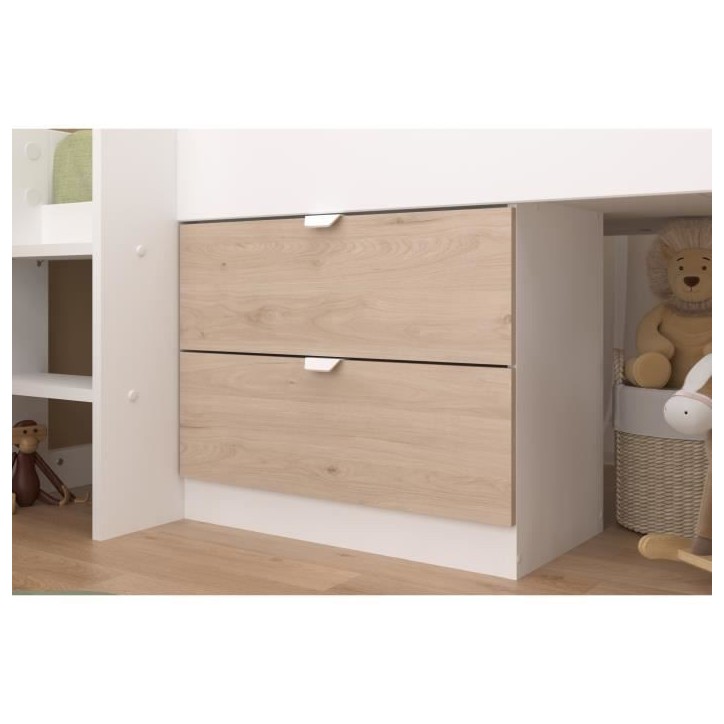 PARISOT SLIDE - Lit toboggan enfant - Décor Blanc et Chene Jackson - Sommier inclus - 90 x 200 cm