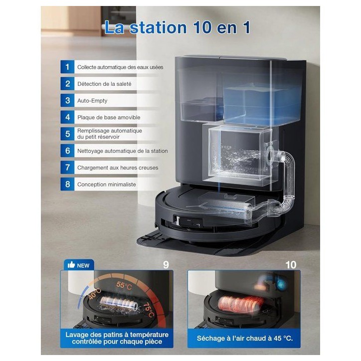 ECOVACS T80 OMNI - Robot Aspirateur Laveur - 18 000 Pa - Nettoyage Automatique instantané OZMO Roller - ZeroTangle 3.0 ECOVACS T80 OMNI - Robot Aspirateur Laveur - 18 000 Pa - Nettoyage Automatique instantané OZMO Roller - ZeroTangle 3.0