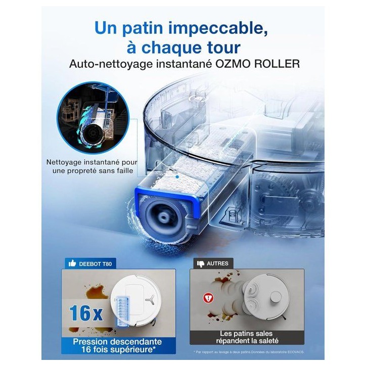 ECOVACS T80 OMNI - Robot Aspirateur Laveur - 18 000 Pa - Nettoyage Automatique instantané OZMO Roller - ZeroTangle 3.0 ECOVACS T80 OMNI - Robot Aspirateur Laveur - 18 000 Pa - Nettoyage Automatique instantané OZMO Roller - ZeroTangle 3.0