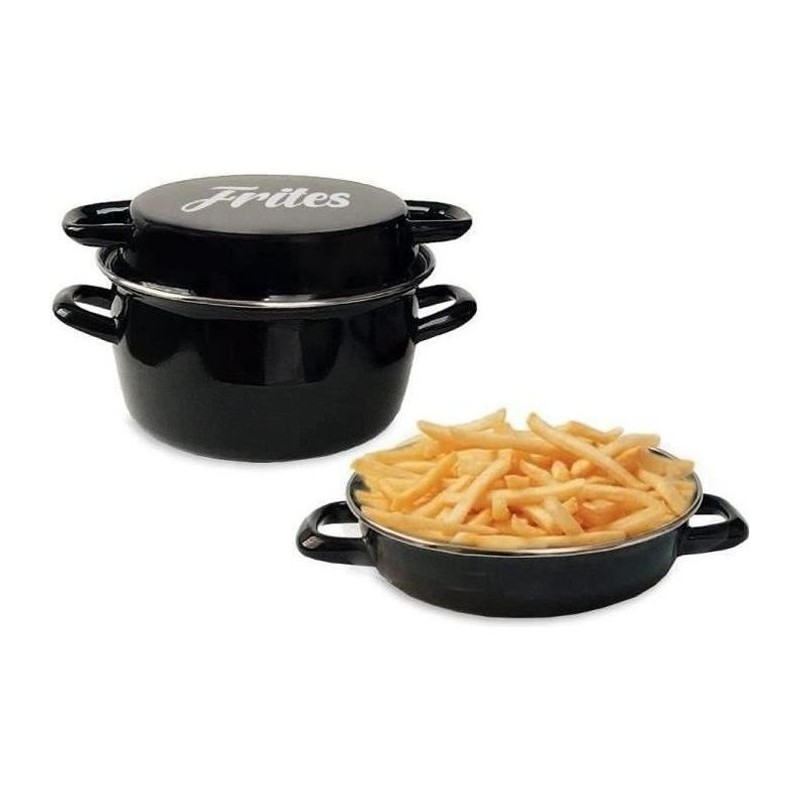 Friteuse émail 26 cm noire avec panier et couvercle verre Friteuse émail 26 cm noire avec panier et couvercle verre