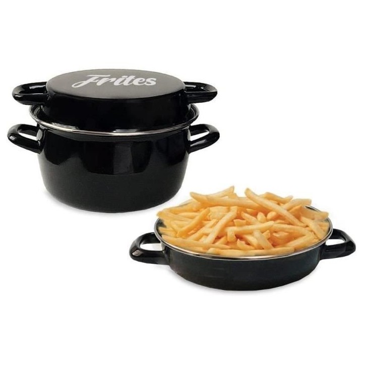 Friteuse émail 26 cm noire avec panier et couvercle verre Friteuse émail 26 cm noire avec panier et couvercle verre