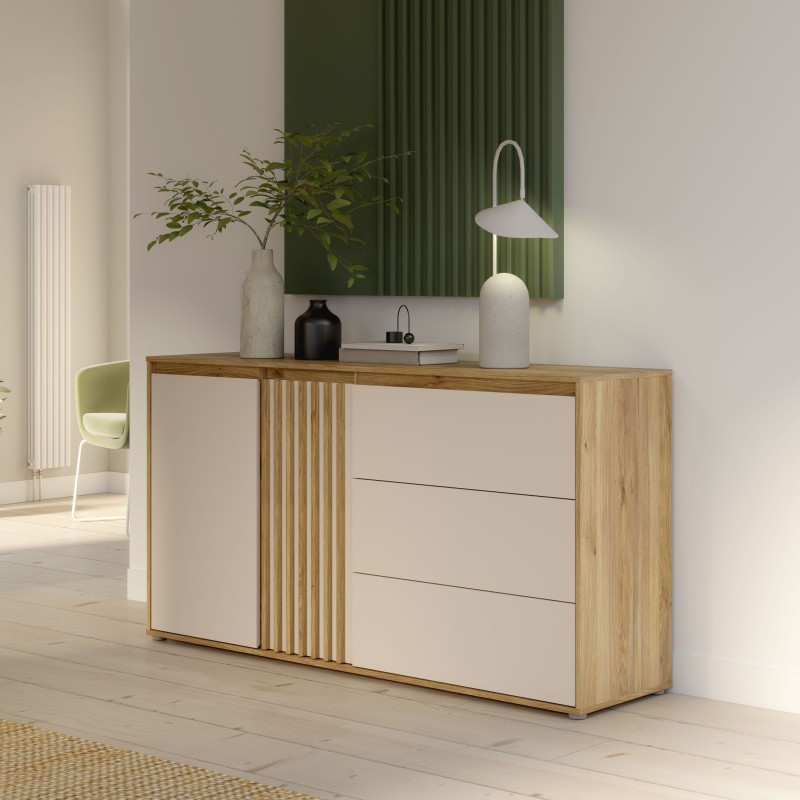 Buffet ELISTON - Blanc Mat & Chene – 2 Portes + 3 Tiroirs – L 159,