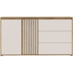 Buffet ELISTON - Blanc Mat & Chene – 2 Portes + 3 Tiroirs – L 159,6 × P 41,5 × H 81,7 cm