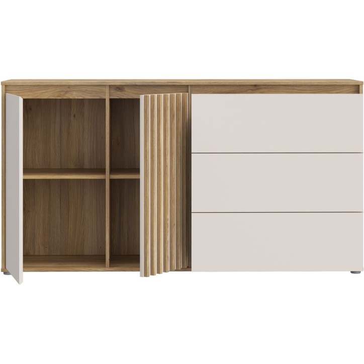Buffet ELISTON - Blanc Mat & Chene – 2 Portes + 3 Tiroirs – L 159,6 × P 41,5 × H 81,7 cm Buffet ELISTON - Blanc Mat & Chene – 2 Portes + 3 Tiroirs – L 159,6 × P 41,5 × H 81,7 cm