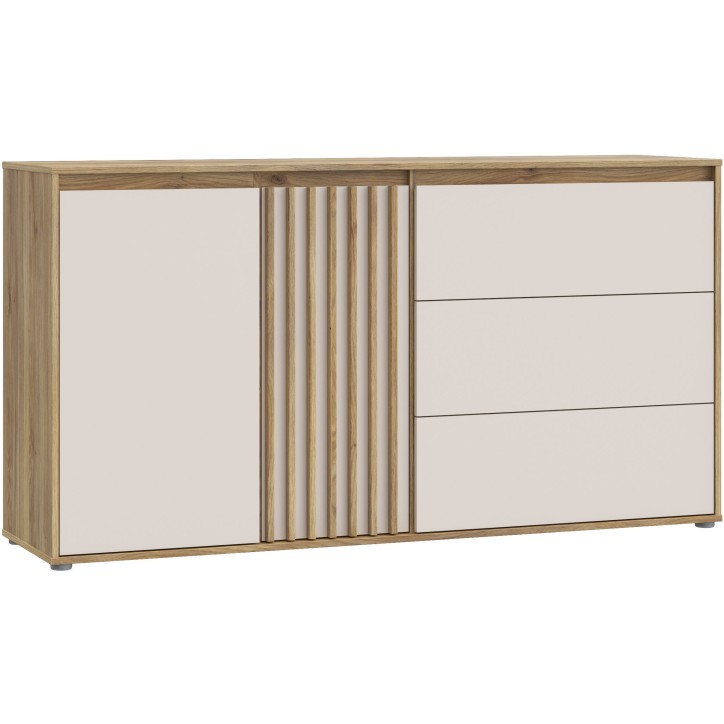 Buffet ELISTON - Blanc Mat & Chene – 2 Portes + 3 Tiroirs – L 159,6 × P 41,5 × H 81,7 cm Buffet ELISTON - Blanc Mat & Chene – 2 Portes + 3 Tiroirs – L 159,6 × P 41,5 × H 81,7 cm