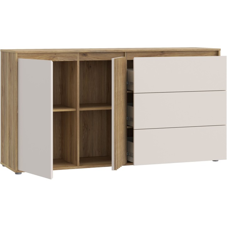 Buffet ELISTON - Blanc Mat & Chene – 2 Portes + 3 Tiroirs – L 159,6 × P 41,5 × H 81,7 cm Buffet ELISTON - Blanc Mat & Chene – 2 Portes + 3 Tiroirs – L 159,6 × P 41,5 × H 81,7 cm