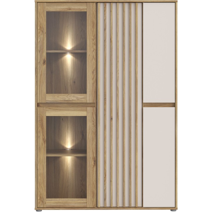 Meuble de Rangement Bibliotheque - ELISTON - FORTE - Blanc Mat & Chene Naturel - 5 Portes dont 2 Vitrées - 109,6 × 41,5 × 161 Meuble de Rangement Bibliotheque - ELISTON - FORTE - Blanc Mat & Chene Naturel - 5 Portes dont 2 Vitrées - 109,6 × 41,5 × 161