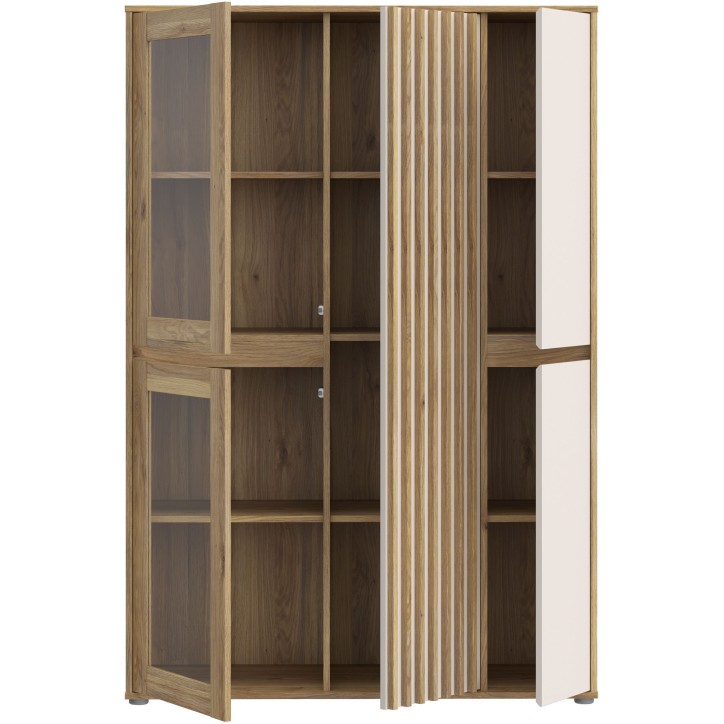 Meuble de Rangement Bibliotheque - ELISTON - FORTE - Blanc Mat & Chene Naturel - 5 Portes dont 2 Vitrées - 109,6 × 41,5 × 161 Meuble de Rangement Bibliotheque - ELISTON - FORTE - Blanc Mat & Chene Naturel - 5 Portes dont 2 Vitrées - 109,6 × 41,5 × 161