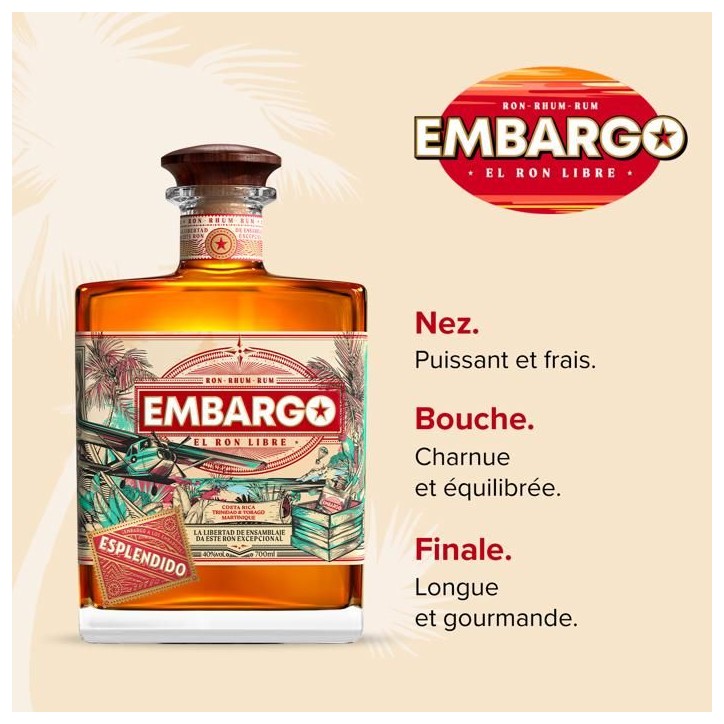 EMBARGO - ESPLENDIDO - Rhum - Origine : Costa Rica / Trinidad & Tobago / Martinique - 40 % alcool - bouteille 70 cl EMBARGO - ESPLENDIDO - Rhum - Origine : Costa Rica / Trinidad & Tobago / Martinique - 40 % alcool - bouteille 70 cl