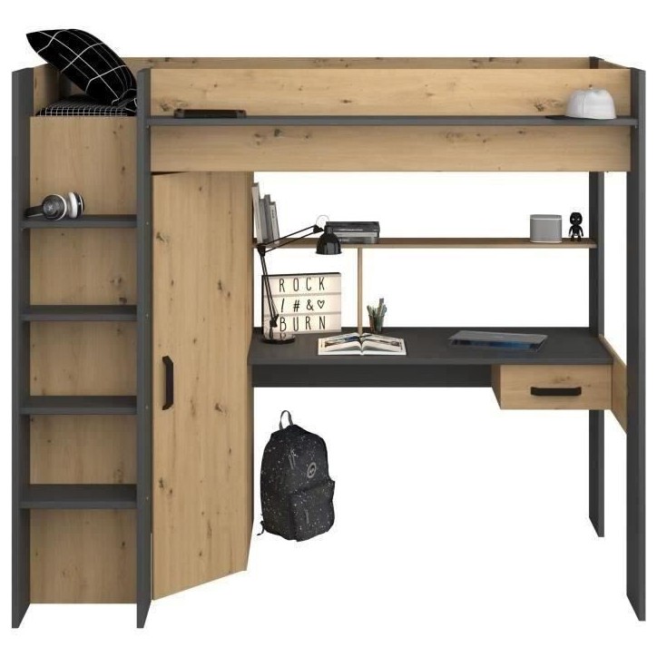 Lit combiné mezzanine enfant PARISOT HIGH - Chene et gris - Sommier inclus - 90 x 200 cm Lit combiné mezzanine enfant PARISOT HIGH - Chene et gris - Sommier inclus - 90 x 200 cm