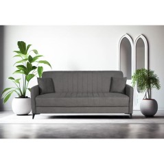 Canapé convertible - 3 places - ENZO - Tissu taupe - 2 coussins - Coffre de rangement - 211 x 92 x 98 cm