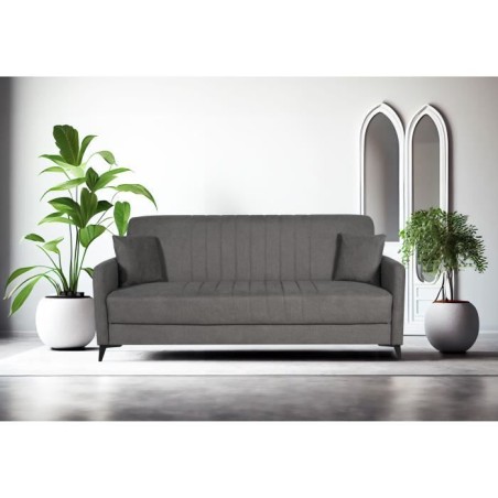Canapé convertible - 3 places - ENZO - Tissu taupe - 2 coussins - Coffre de rangement - 211 x 92 x 98 cm