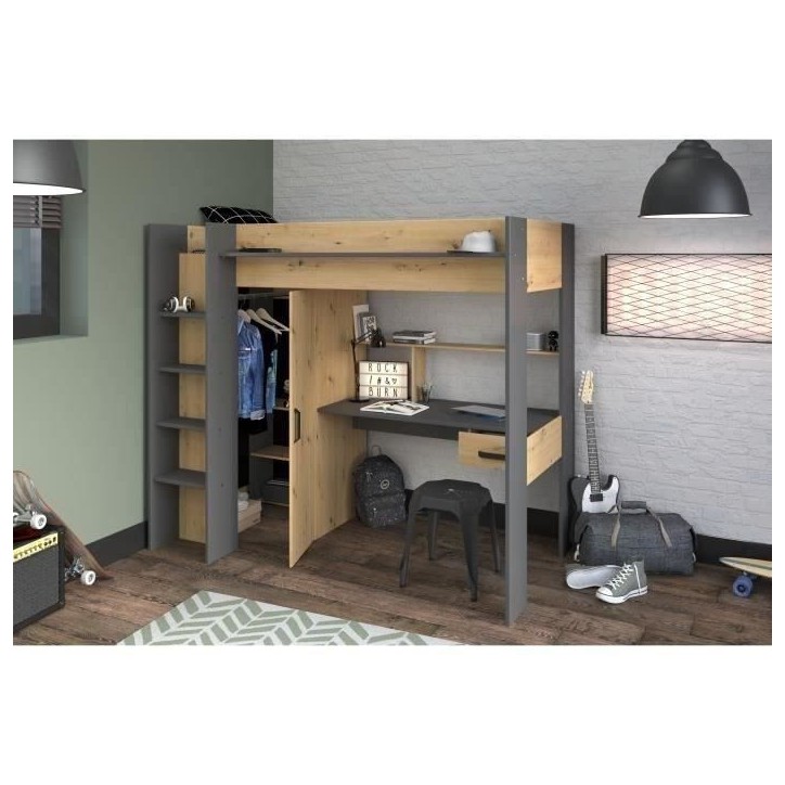Lit combiné mezzanine enfant PARISOT HIGH - Chene et gris - Sommier inclus - 90 x 200 cm Lit combiné mezzanine enfant PARISOT HIGH - Chene et gris - Sommier inclus - 90 x 200 cm